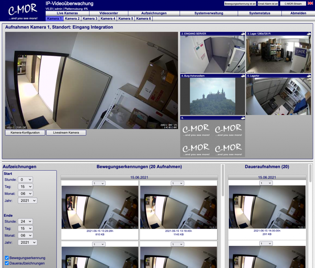 Kameraseite der Videoüberwachung C-MOR mit 6 Kameras.
