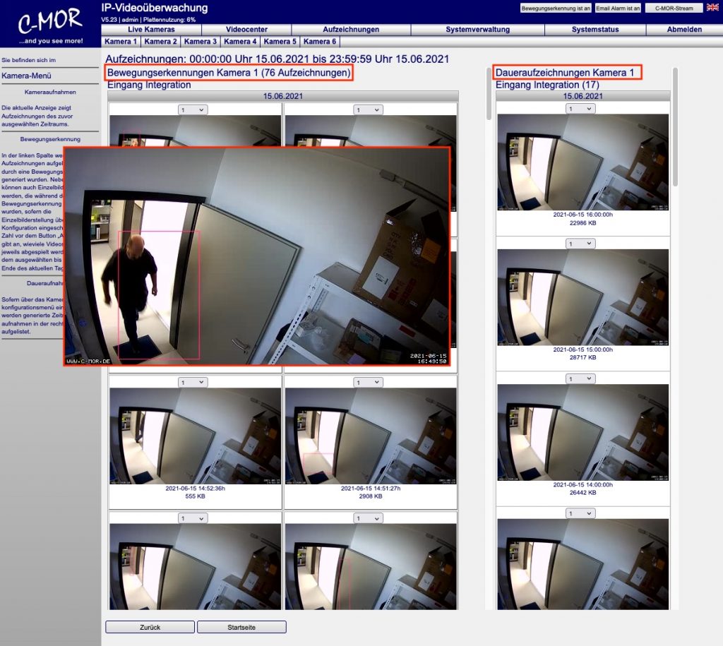 C-MOR Videoüberwachung Auflistung Videoüberwachungsaufnahmen längerer Zeitraumf