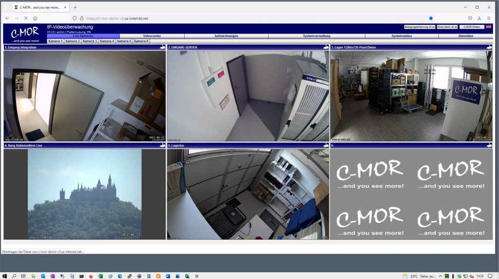 C-MOR Startseite mit 6 große IP-Kamera-Streams