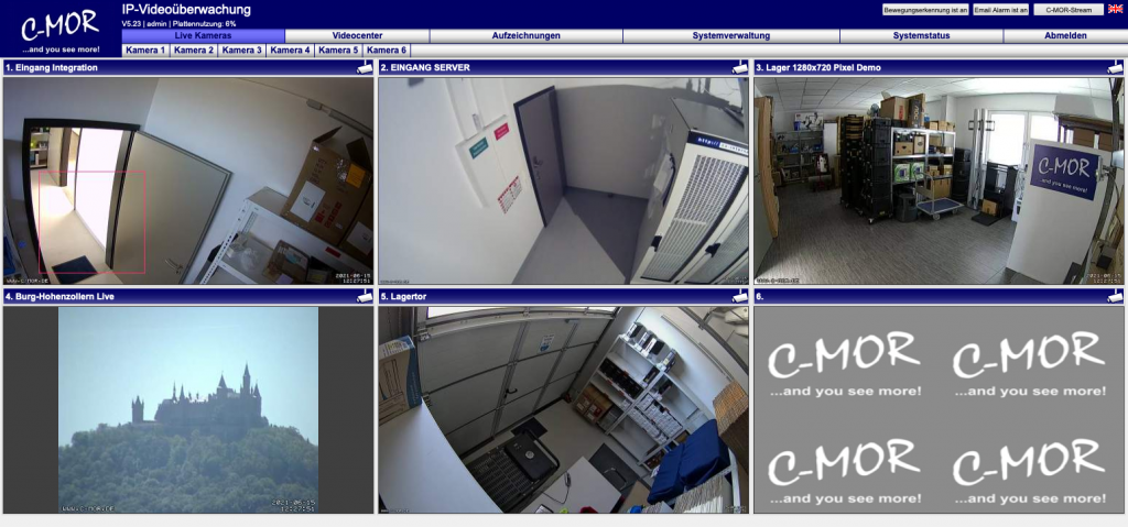 Startseite der Videoüberwachung C-MOR mit 6 Kameras