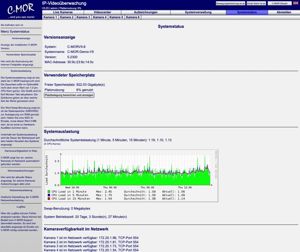 Die Systemstatus-Seite der Videoüberwachung C-MOR