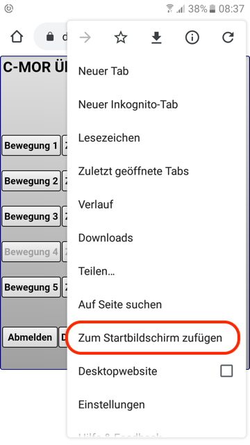 C-MOR Android Startbildschirm Aufruf