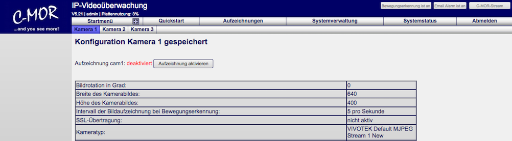 Kamerakonfiguration gespeichert C-MOR