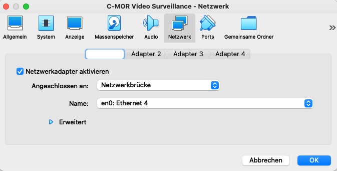 Videoüberwachung VirtualBox Netzwerk-Adapter auf bridged setzen.