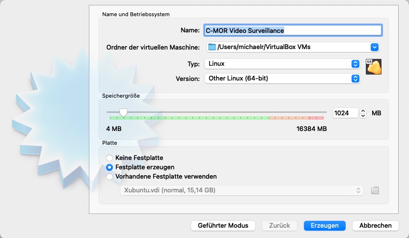 Videoueberwachung Virtualbox VM anlegen.