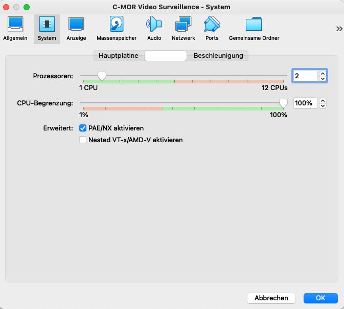 Videoueberwachung VirtualXox CPU-Kerne anpassen.