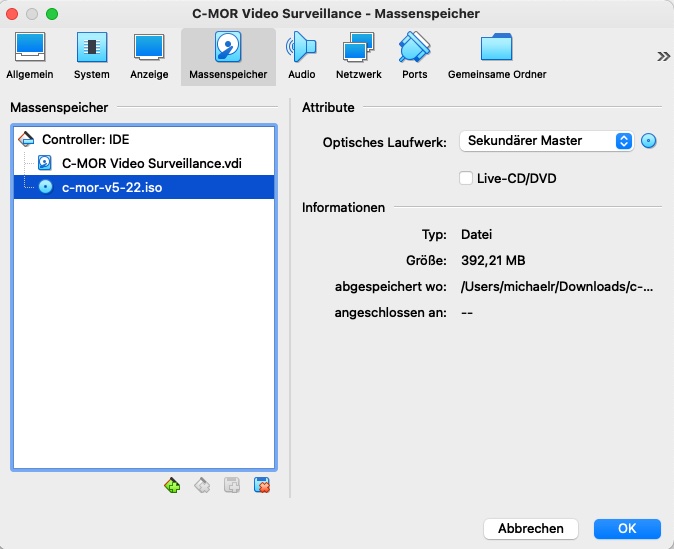 Videoüberwachung VirtualBox ISO-Massenspeicher zuweisen.