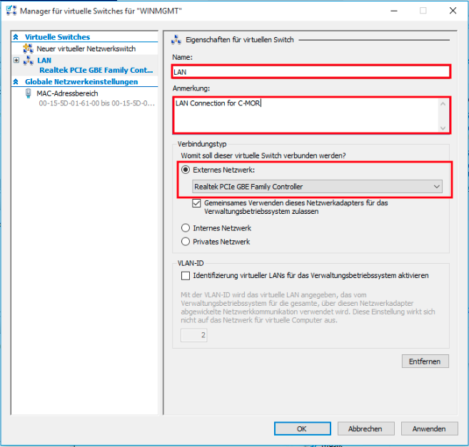 Hyper-V externes LAN-Einstellungen