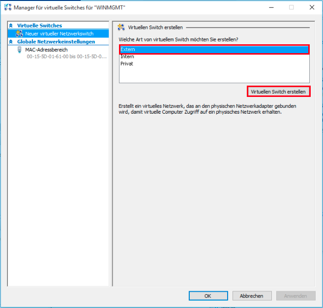 Hyper-V virtueller Switch Externes LAN