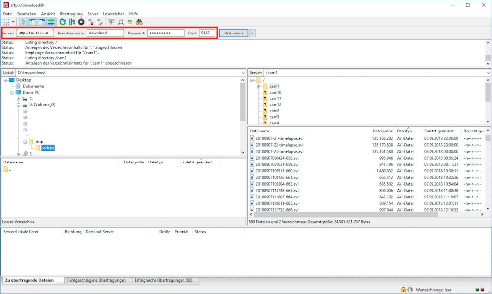 Videoueberwachung SFTP-Download im Filezilla